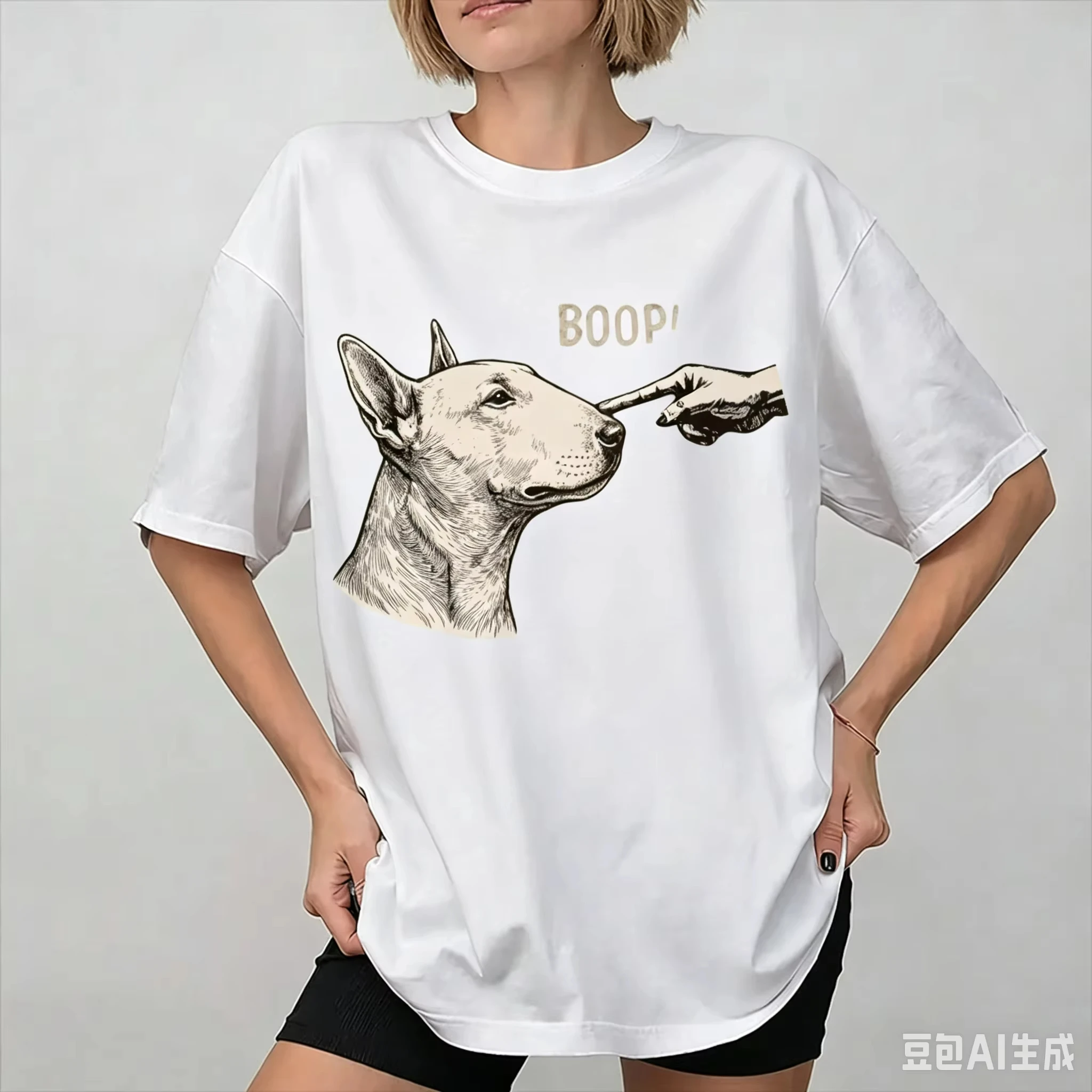 Vintage Bull Terrier Finger Touching Nose T-shirt Funny Dog Printed T Shirt Bull Terrier Mom Dad Tee Cotton Short Sleeve Tops