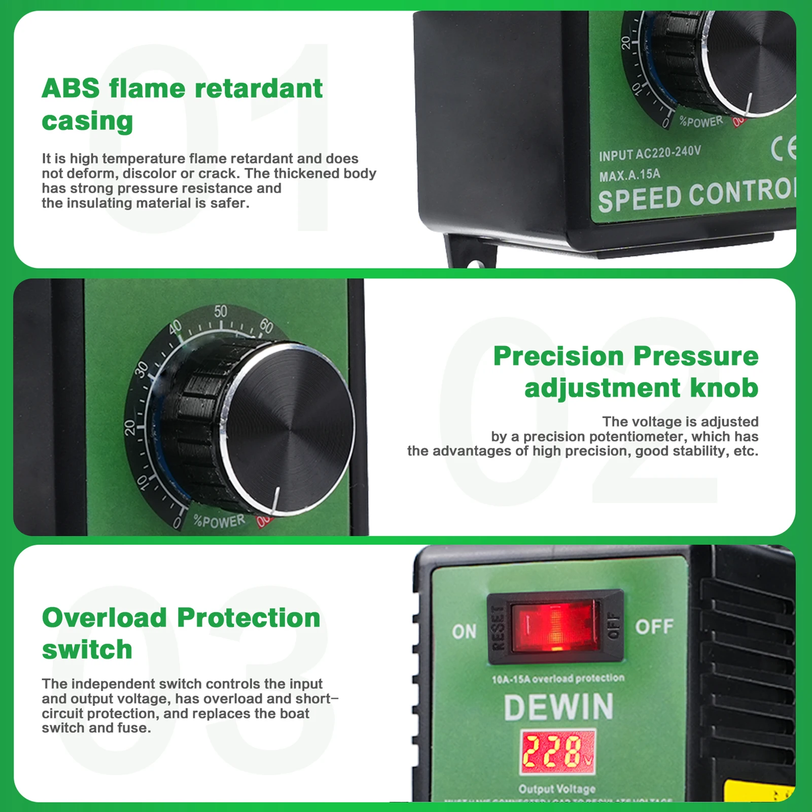 DewinLVD Speed Regulator Motor Fan Controller Stepless Speed Control Switch 15A Overload Protection EU Speed RegulatorControl