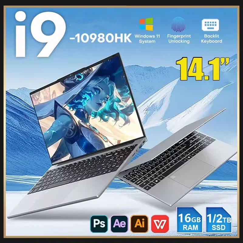14.1" Intel I9-10980HK Laptop Computer Windows 11 Fingerprint UnIock Notebook Pc 16GB RAM 1TB SSD Office Gaming Laptop