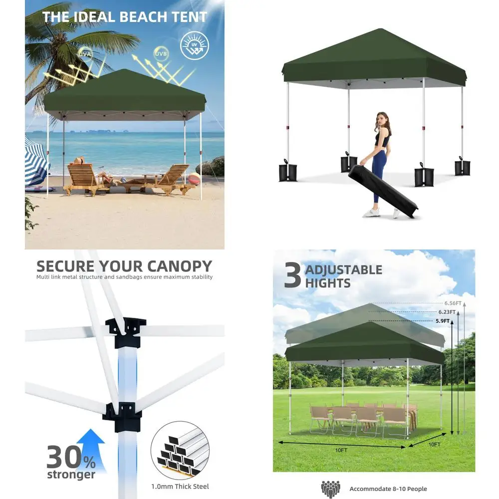 

Quick Setup 10x10 Heavy-Duty Outdoor Canopy Tent with Roller Bag, Adjustable Heights, Weight Bags, Stakes, and Guy Ropes, Green