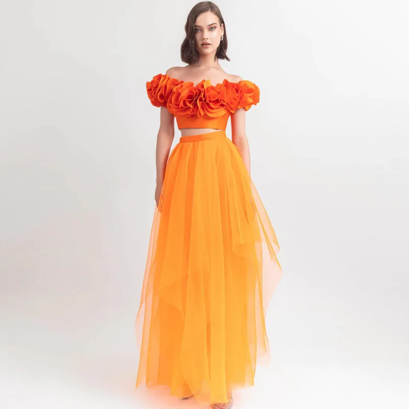 Orange High-waist Tulle Dress Asymmetrical Long Party Skirt Ankle Length Woman Clothes Elegant Evening Skirt Free Shipping