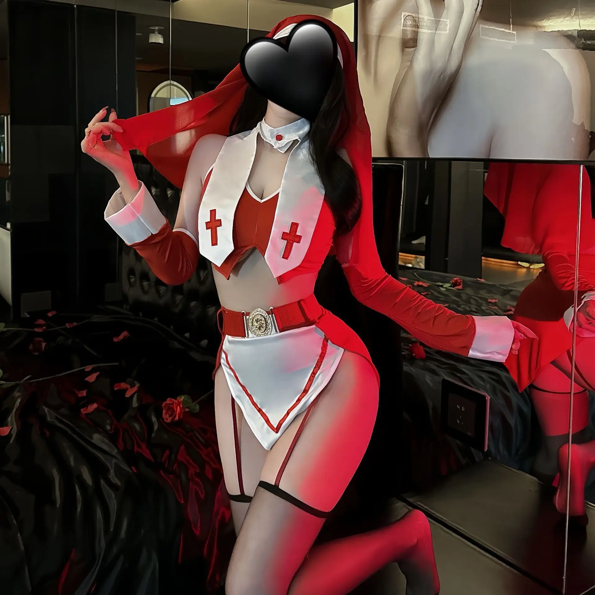 Women Sexy Cosplay Lingerie Nun Costume Anime Devil Outfit Halloween Nun Goth Dress High Slit Bodysuit Lingerie Nurse Uniform 18