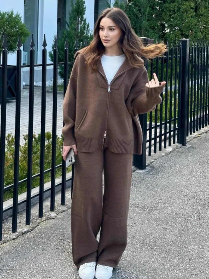 Streetwear Gestrickte 2-teilige Sets Frauen Outfit Herbst Kleidung Frauen Zipper Pullover Top und Hose Sets Lässige Trainingsanzüge Frau Sets