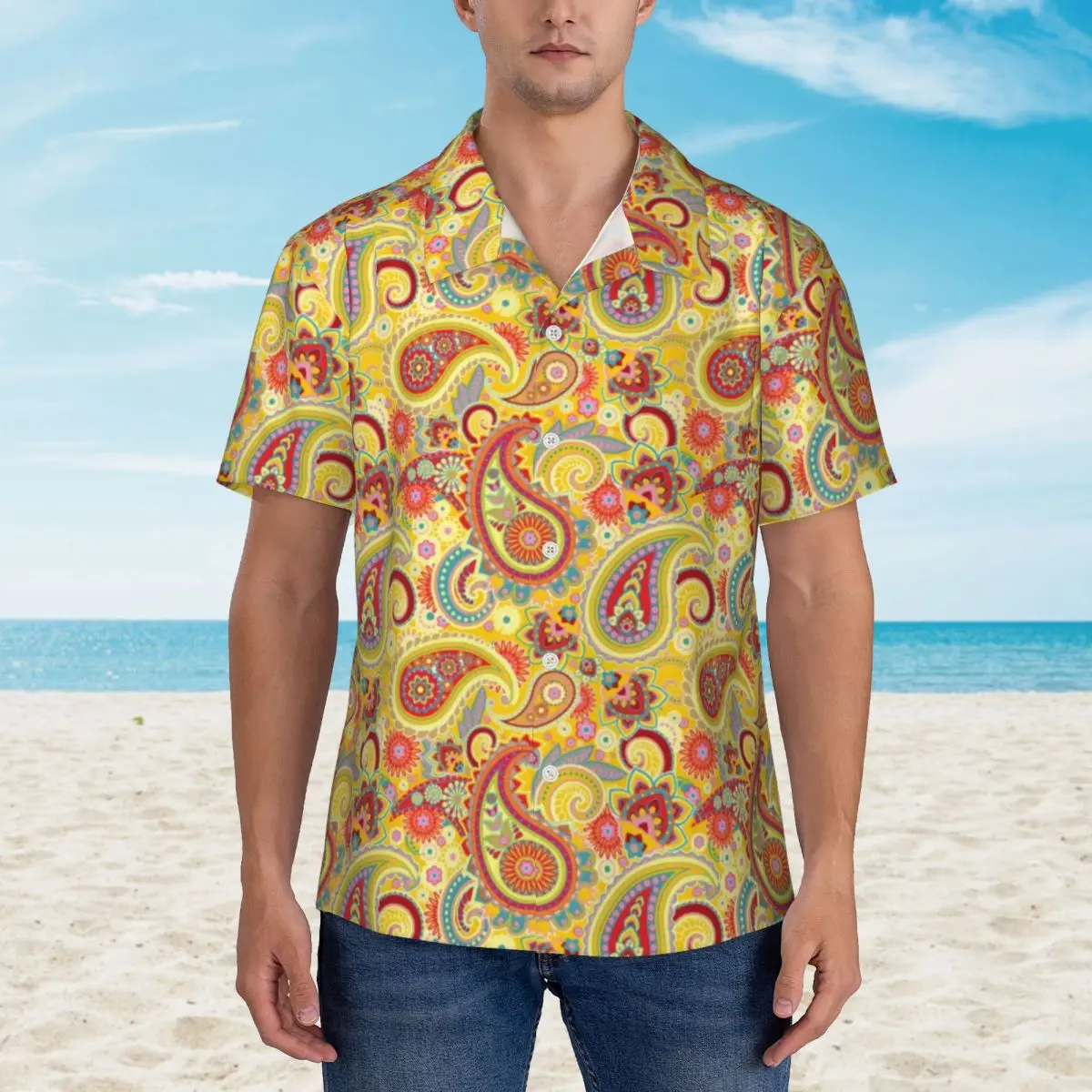 

Yellow Retro Paisley Vacation Shirt Man Trippy Hippy Print Casual Shirts Hawaiian Short-Sleeve DIY Vintage Oversized Blouses