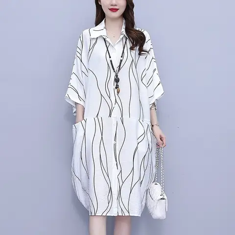 원피스 여성용 비대칭 셔츠, 박쥐 날개 소매, 느슨한 줄무늬 인쇄, A 라인 원피스 포켓, #7923, 화이트, 블루, 옐로우, 여름