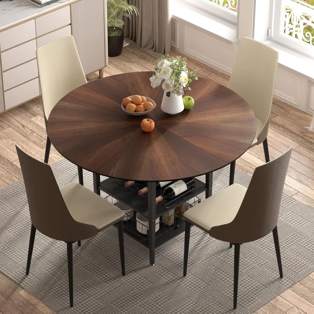 

47" Modern 5-Piece Round Dining Table Set - Wooden Set with Sunburst Design, Steel Legs & Storage 4 Comfortable Chairs Included,