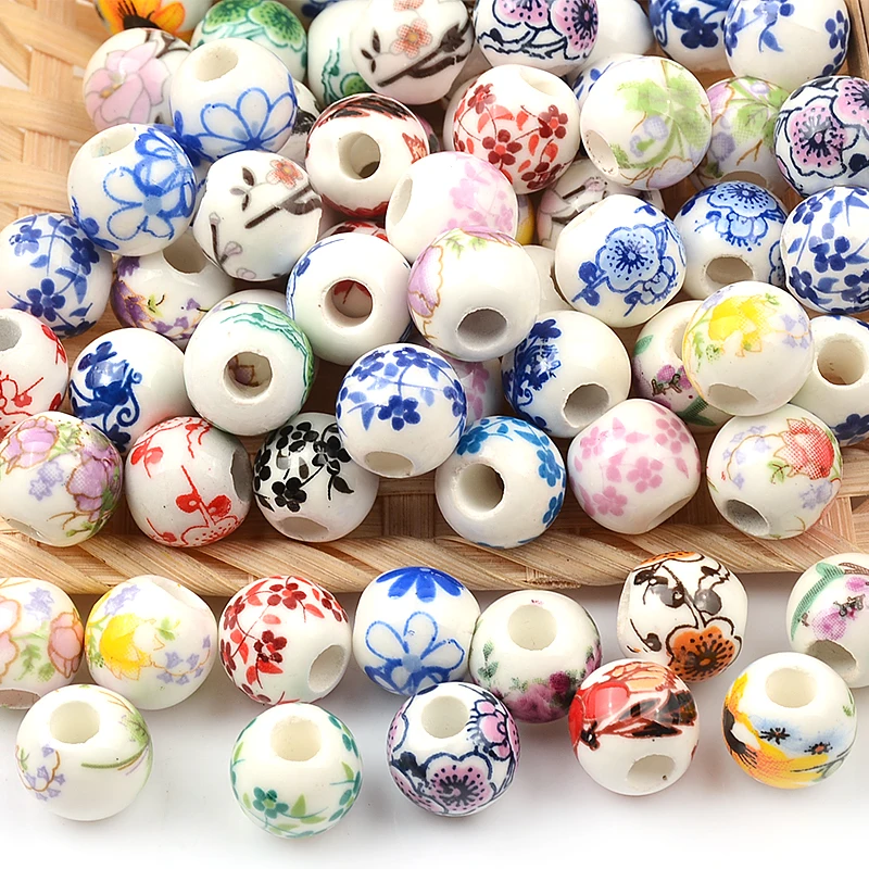 20Pcs 10mm Chinese Printing Flower Big Hole Beads Ceramic Beads Porcelain Loose Beads for Bracelets Pendants Jewelry Making DIY