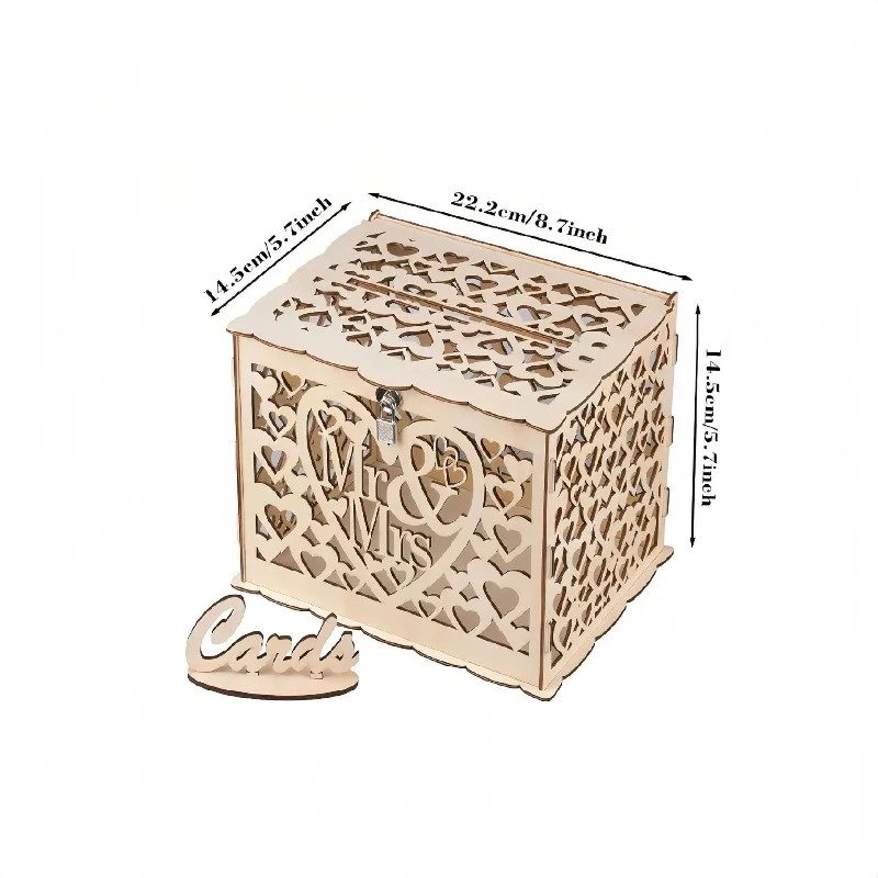 DIY خشبية السيد والسيدة. صندوق هدايا الزفاف - حامل بطاقات متعدد الوظائف مع فتحة نقود لتخزين الحروف وكتاب الضيوف لحفلات الزفاف