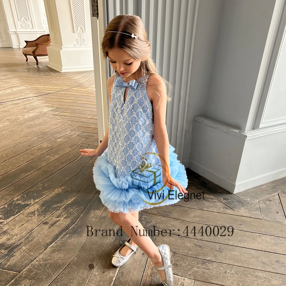 Spaghetti Strap Knee Length Flower Girl Dresses Sleeveless Sequined Communion New Wedding Party Gowns with Bow VV980023