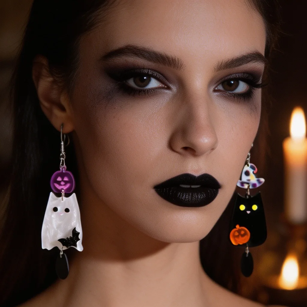 Novelty Black White Ghost Pumpkin Bat Acrylic Earrings Lightweight Comfortable for Party Costume