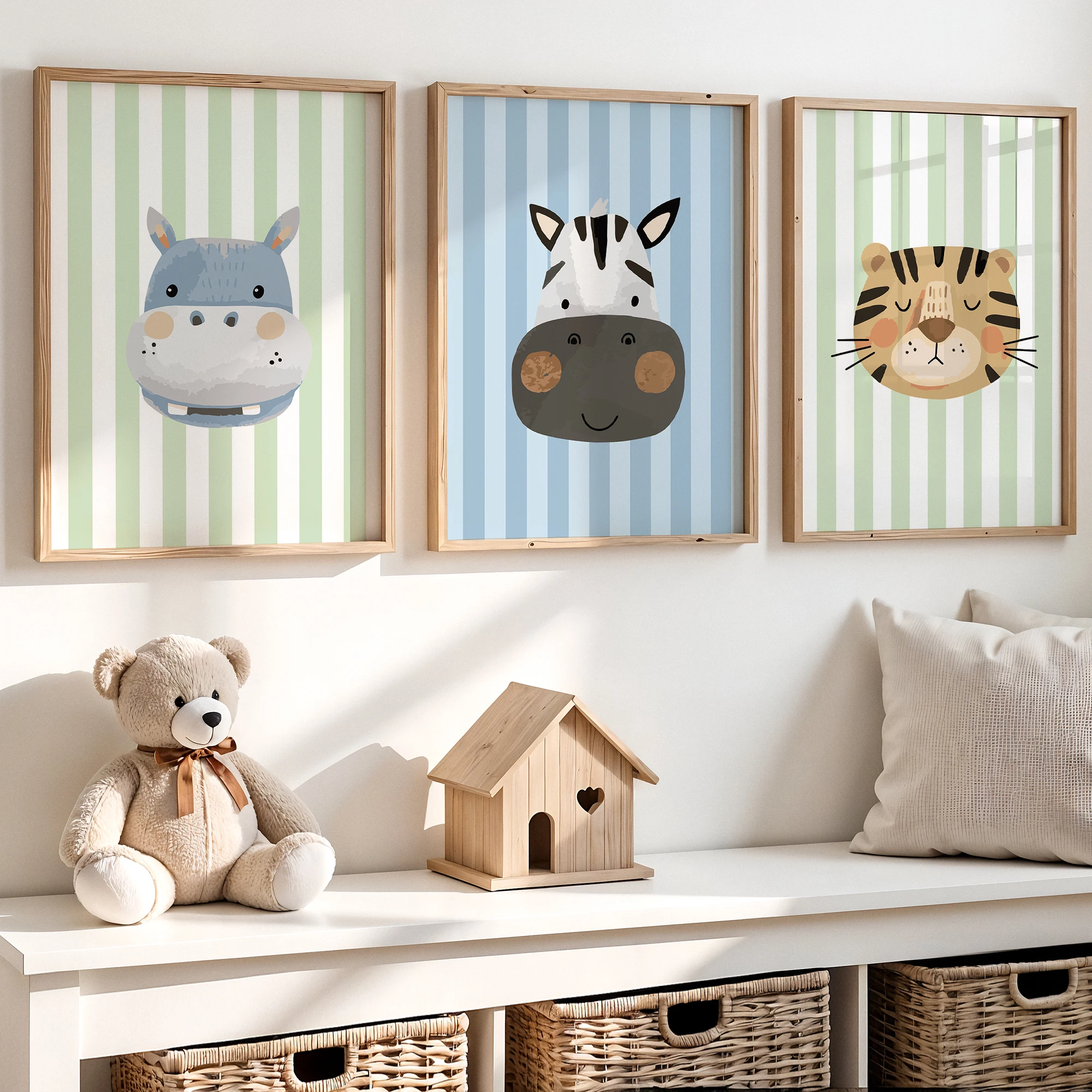 Cartoon Simple Striped Hippo, Zebra And Tiger Wall Art Print Canvas Painting Poster Picture For Living Room,Kids Room Home Decor