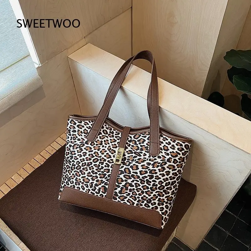 Vintage Leopard Pattern Spliced PU Leather Tote Bag Large Capacity Casual Travel Office Women Shoulder Handbags
