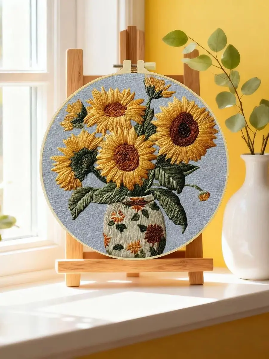 1 Stück 20X20CM/15X15CM 7,87/6,3 Zoll Sonnenblumen-Stickerei-Starter-Kit DIY-Kit DIY-Stickerei-Set Handarbeiten Malerei – Detail 6