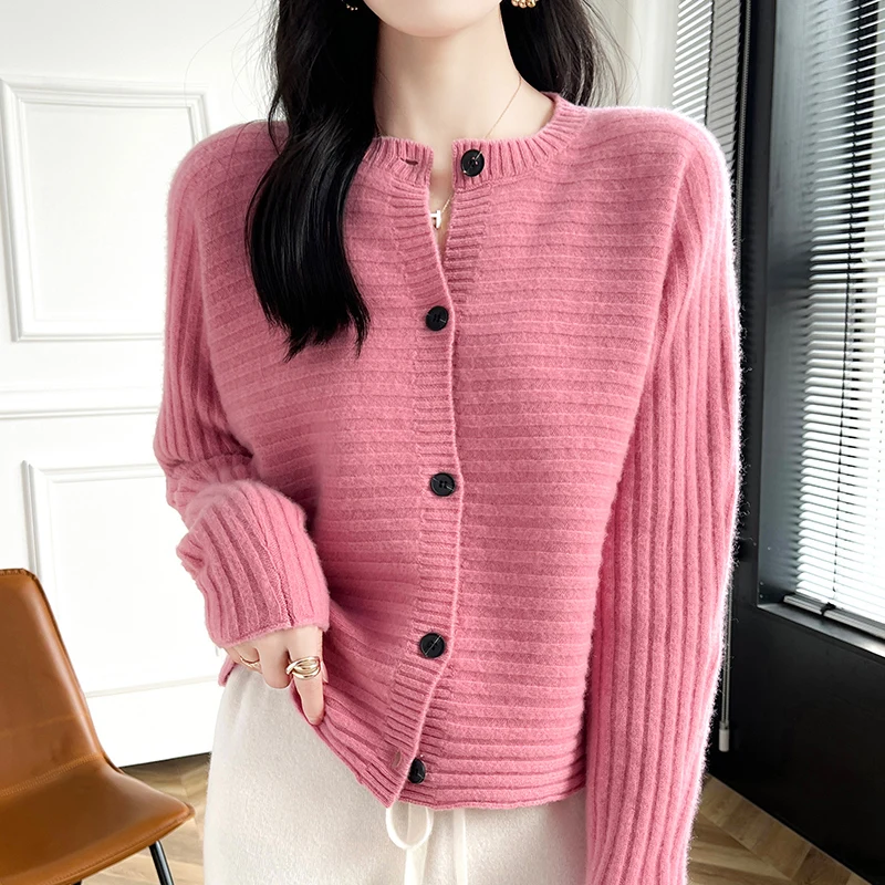 European and American trend women's wool cardigan long sleeved sweater fashionable knitted short women's O-neck wool new sweater