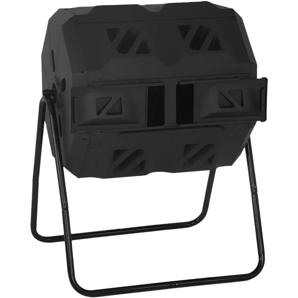 

43 Gal Dual Chamber Tumbling Compost Bin With Sliding Doors, Black Door
