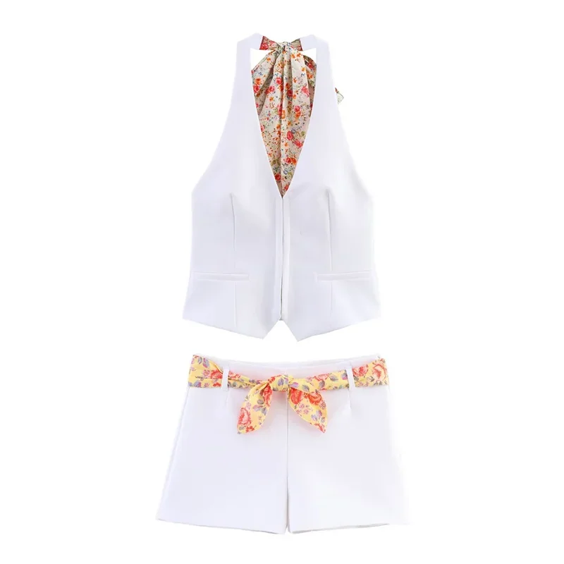 

Women's Suits Halterneck Collar White Vest Shorts Suit Sexy V-neck Printed Ribbon Decoration Celebrity Style