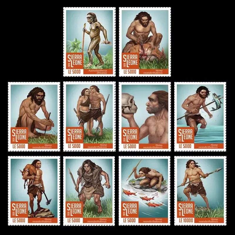 

Почтовые марки Sierra Leone, почтовые расходы Y2020, постисторический человек, обезьяна, австралопкум, неандертальль, человек 10, новые коллекционные почтовые марки
