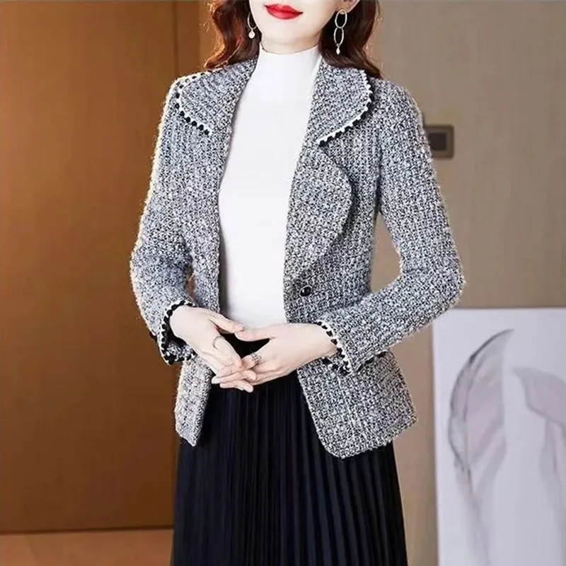 2024 New Coarse Textile Woven Woolen Blazers Small Jacket Women Autumn Winter Fashion Slim Suit Coat Lady Outerwear Blazers Tops