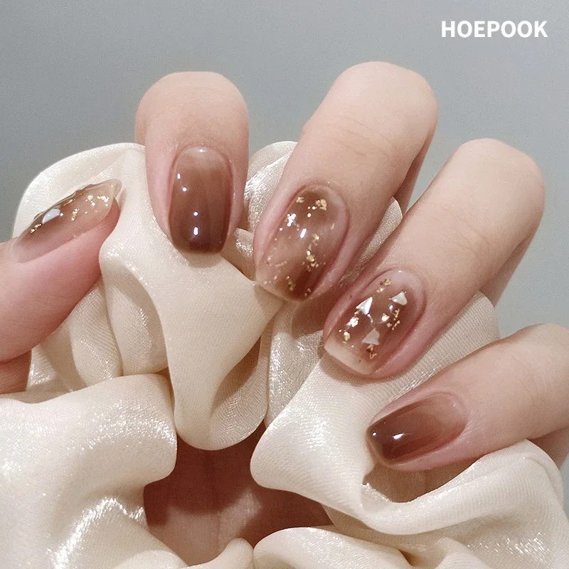 24pcs Coffee Smudges Fake Nails Gold Foil Shell Design False Nails Art Full Coverage Waterproof Press on Nail with Accessories