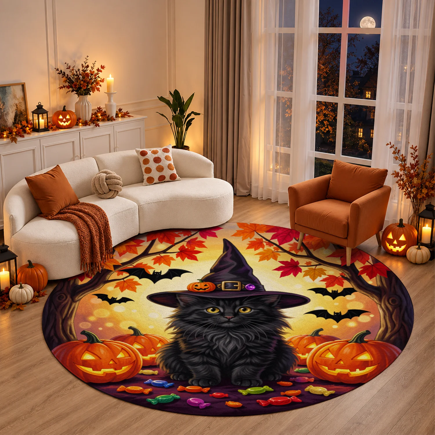 Halloween Black Cat Witch Hat Jack-O-Lantern Round Velvet Area Rug, Machine Washable Stable Grip, Ideal for Living Room, Bedroom, Entryway, Dining Room, Perfect for Halloween, Thanksgiving, Christmas, New Year, Black Friday, Cyber Monday Decor