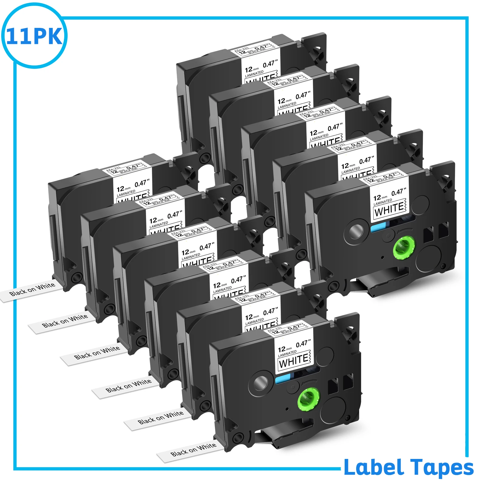 11PK 6/9/12/18/24mm Multi-color Label Tapes for Brother TZE 231 431 TZ 131 631 Black on White Tapes for P-Touch Label Printers