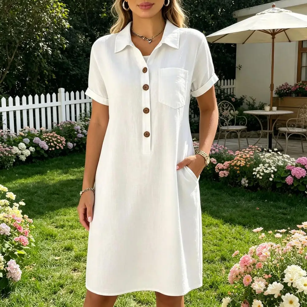 

Summer Everyday Wear Dress Elegant Simple Button Up Lapel A-Line Short Dress Casual Beach Sundress with Pockets