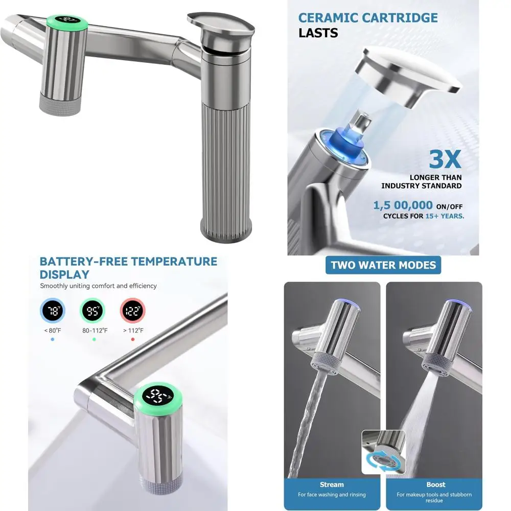 Rotatable Bathroom Faucet with Fahrenheit Temperature Display, Single Hole Vanity Sink Faucet featuring Dual Water Modes for Mod