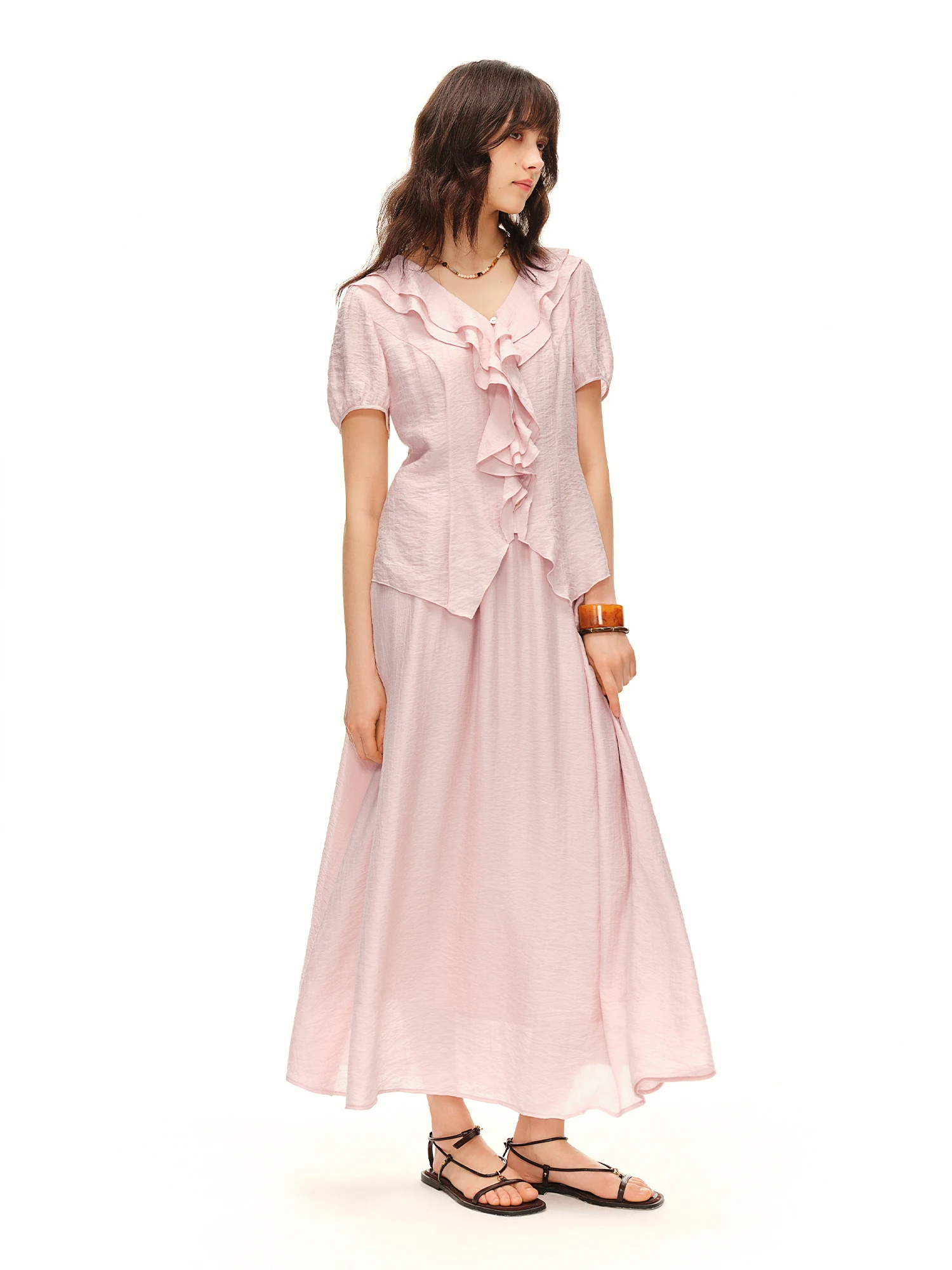 DUSHU Women Skirt Sets Pink Age-reducing Elegant Ruffled V-neck Blouses Lace Camisole Skirt Three-piece Set Summer Short Sleeve