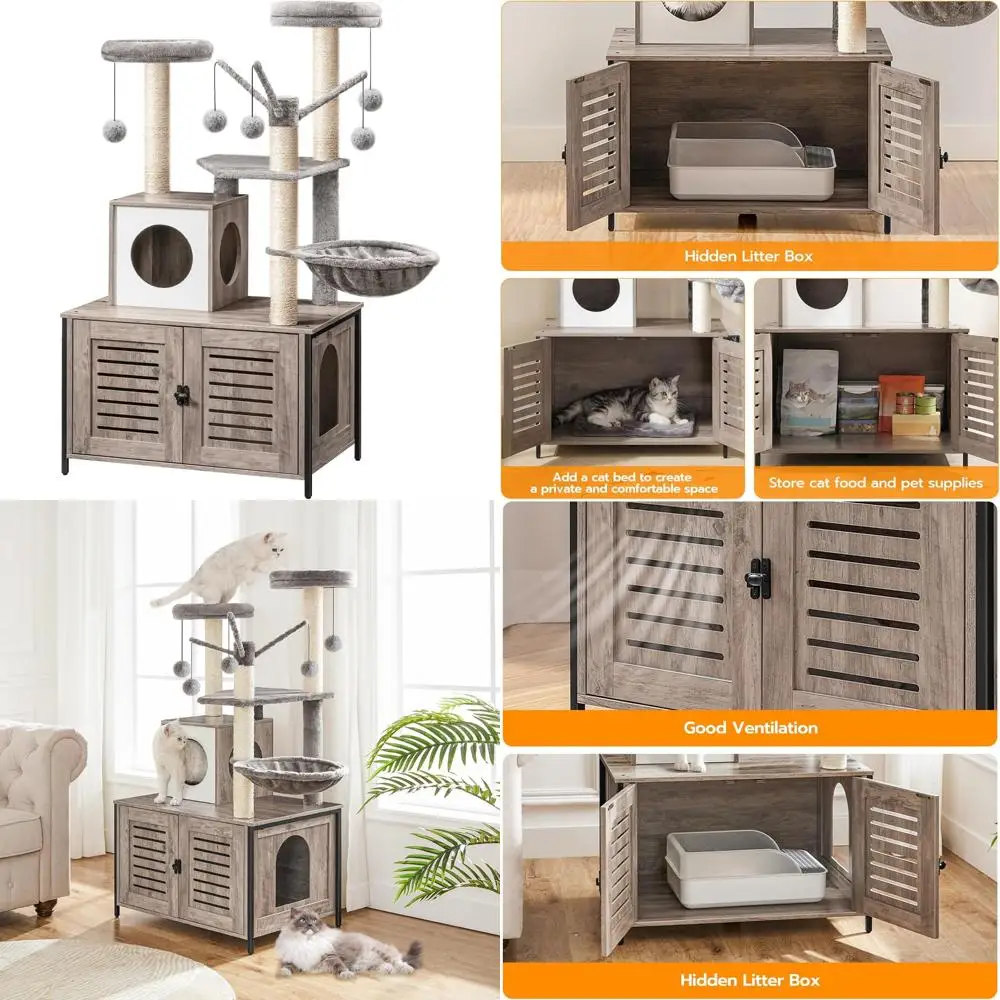 برج قطط خشبي الكل في واحد مع حاوية صندوق فضلات، 27.6 لتر × 18.9 عرض × 52 ارتفاع، أثاث داخلي للقطط