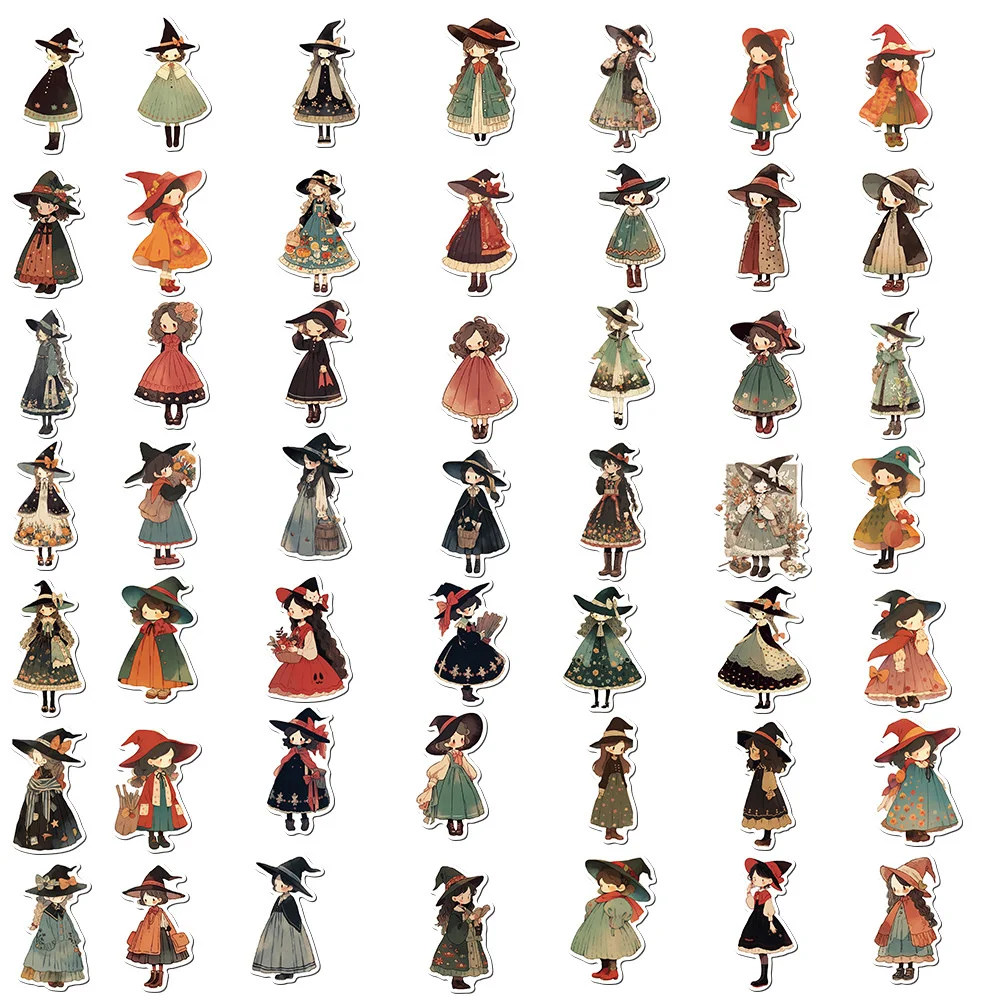 50pcs Cute Cartoon Witch Stickers For Girl Laptop Scrapbook Phone Guitar Suitcase Anime Sticker Vintage Scrapbooking Material