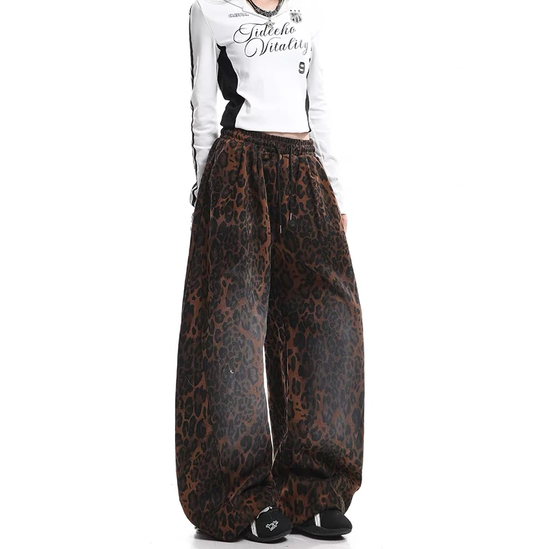 ZHIZOU الأمريكية الرجعية Y2K 2000s مطبوعة رسالة مخطط بنطال ذو قصة أرجل واسعة المرأة الربيع الهيب هوب عادية ليوبارد طباعة السراويل الرياضية