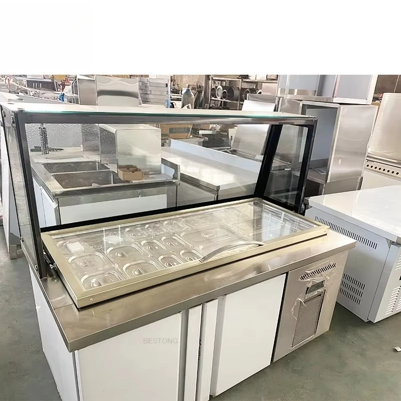 Customizable slotted salad preparation table, single warm fruit salad display salad bar, refrigerator equipment