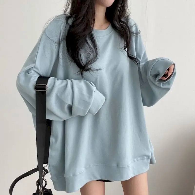 

Solid Color Long-sleeved T-shirt Women's Oversized Pullovers Spring Autumn Trend Thin Tops Korean High Street Couples Pullover