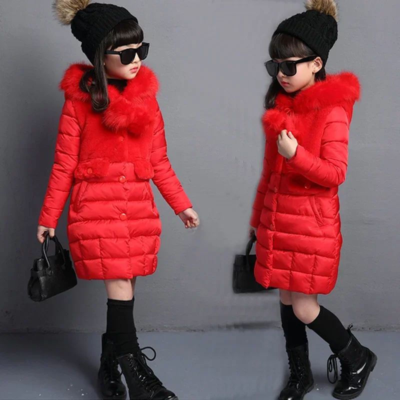 2024 Winter Warm Jackets for Girls 4 6 8 10 11 12 14 Years Old Fashion Fur Hooded Children Baby Outwear Kids Cotton Lined Parkas