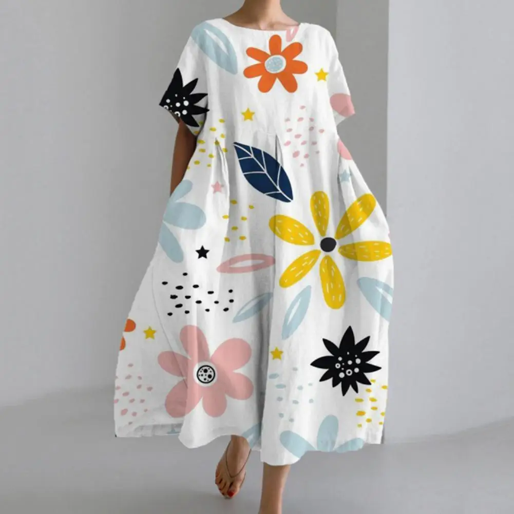 Floral Print Dress Bohemian Style Floral Printed Midi Dress for Women Loose Fit Round Neck Short Sleeve Beach Travel Dress