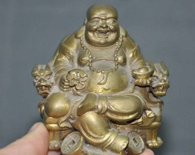 

China Buddhism temple brass wealth Yuanbao Happy Laugh Maitreya Buddha Statue