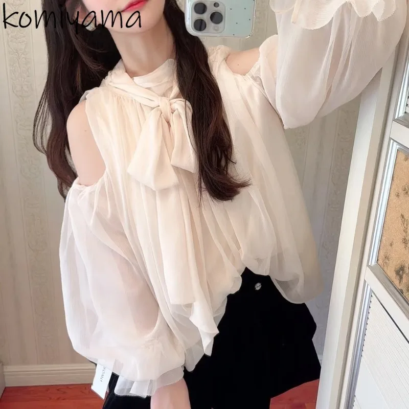 

Bandage Bow Shirts Blouses Off Shoulder Long Sleeve 2025 Ropa Muje Japan Ruffled Tops Sweet Fairy Blusas Autumn New Camisas