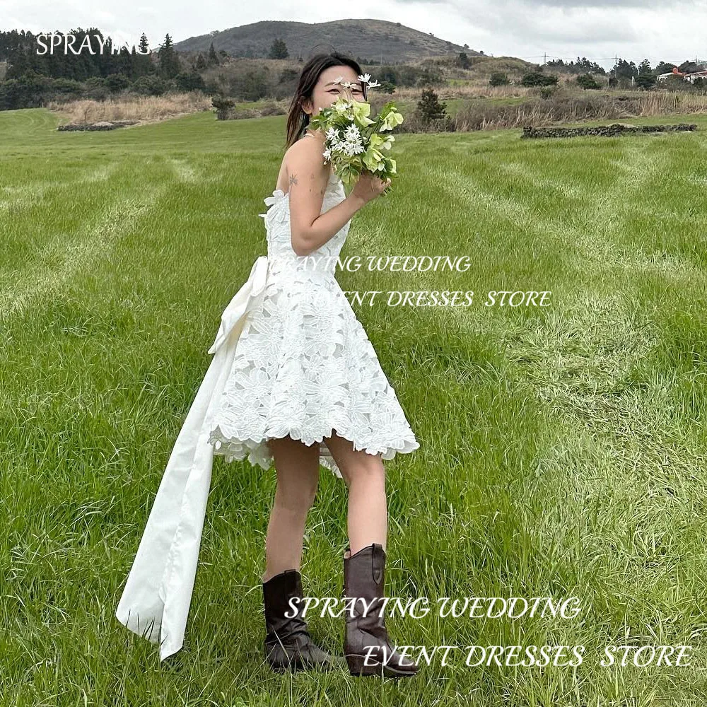 

SPRAYING A-line Bow Korea Wedding Dress Photo Shoot Mini-Length Above Knee Applique Bridal Gown Sleeveless