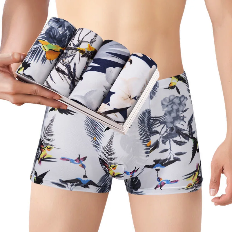 Calzoncillos estampados sin costuras para hombre, ropa interior transpirable, bóxer de talla grande, a la moda, lote de 4 unidades