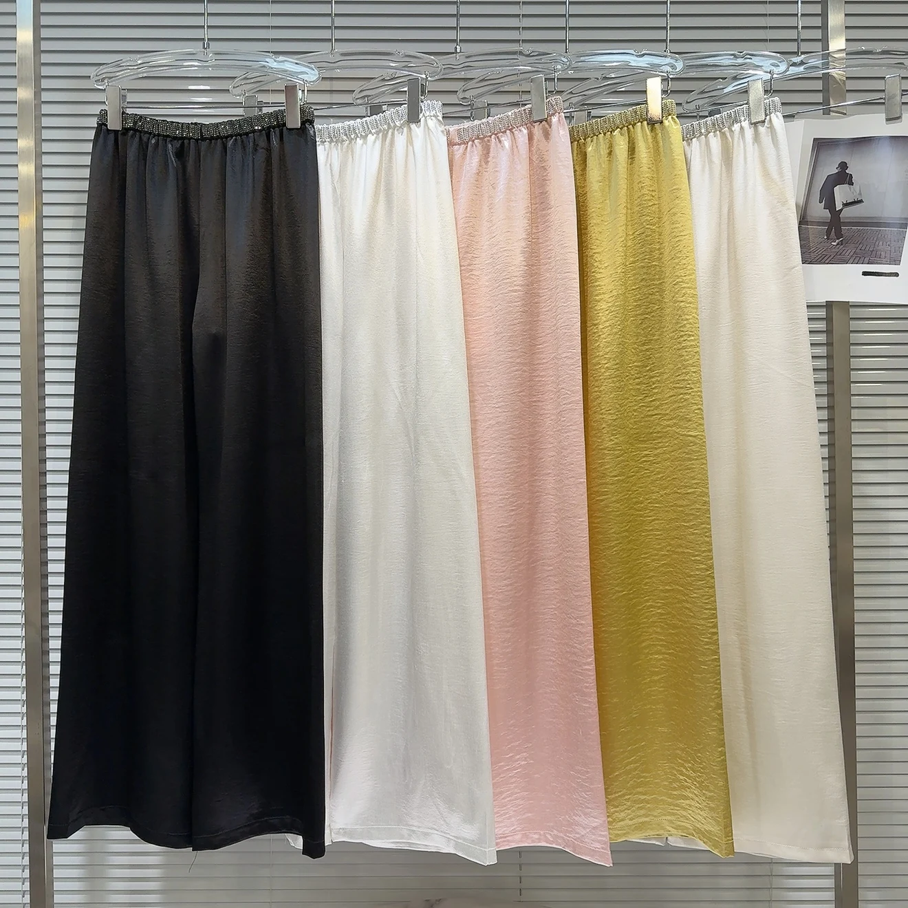 Summer 2025 Trendy Water Diamond Embellied Elastic Waist Lightweight Silk Wide Leg Casual Pants Ele Lady Sle