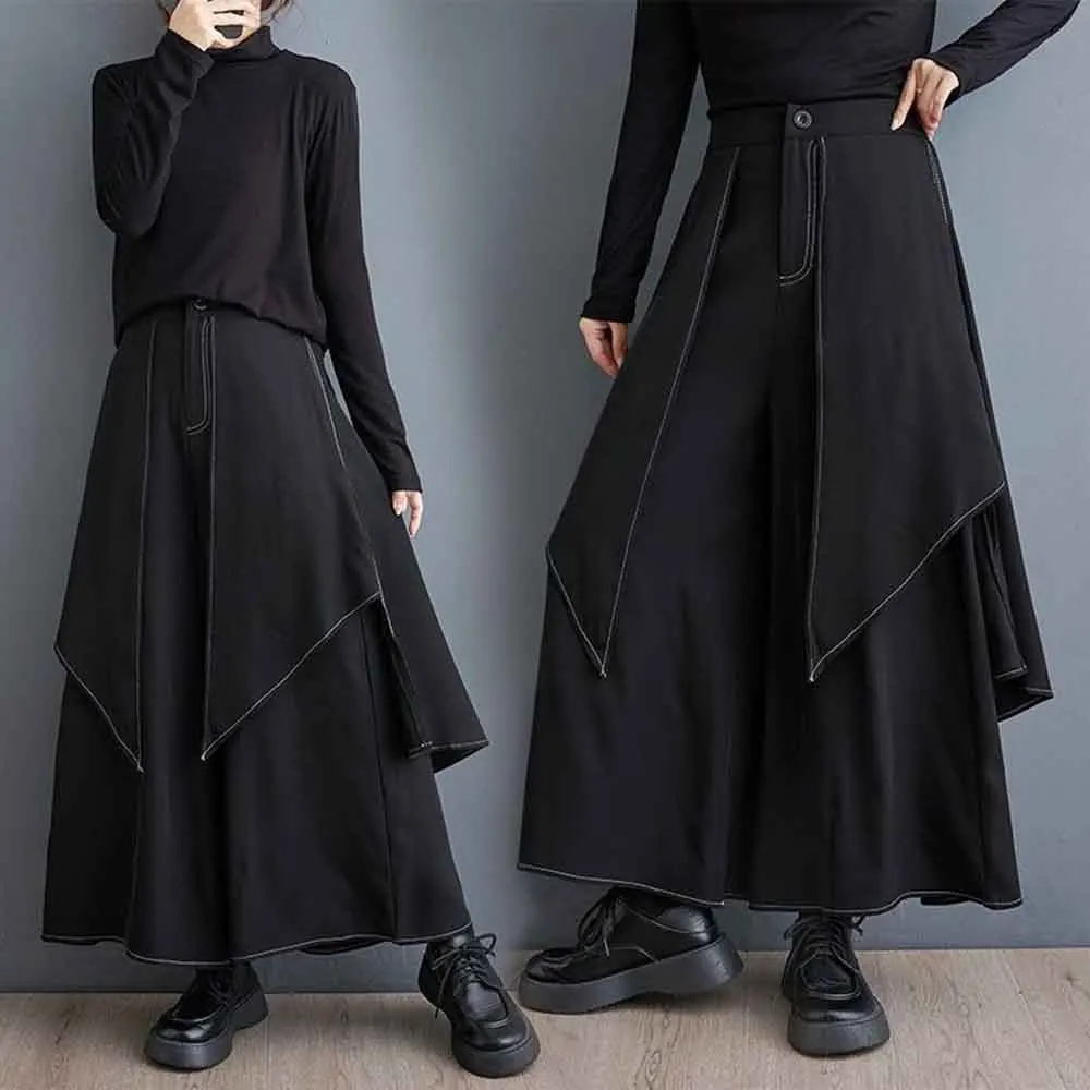 

XS-5XL Gothic Dark Skirt Pants Topstitching Irregular Samurai Hakama Genderless Fashion Outdoor Versatile Campus Culottes Unisex