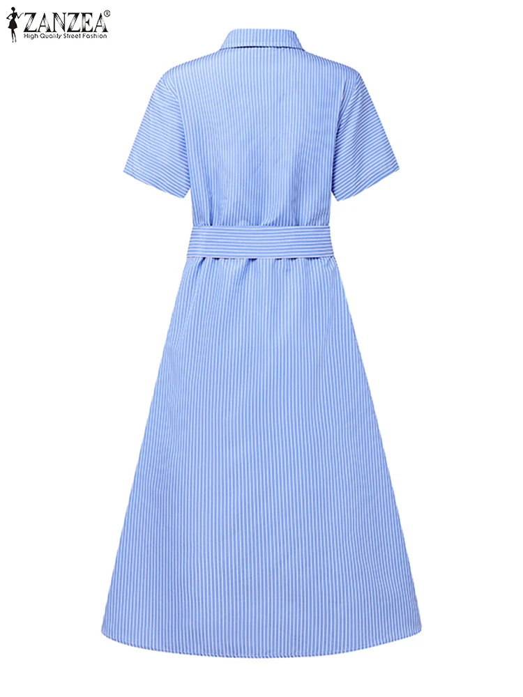 ZANZEA Women Casual Striped Dress Lace-Up Belt Sundress Summer 2025 Short Sleeve A-Line Midi Robe Lapel Neck Pockets Vestidos