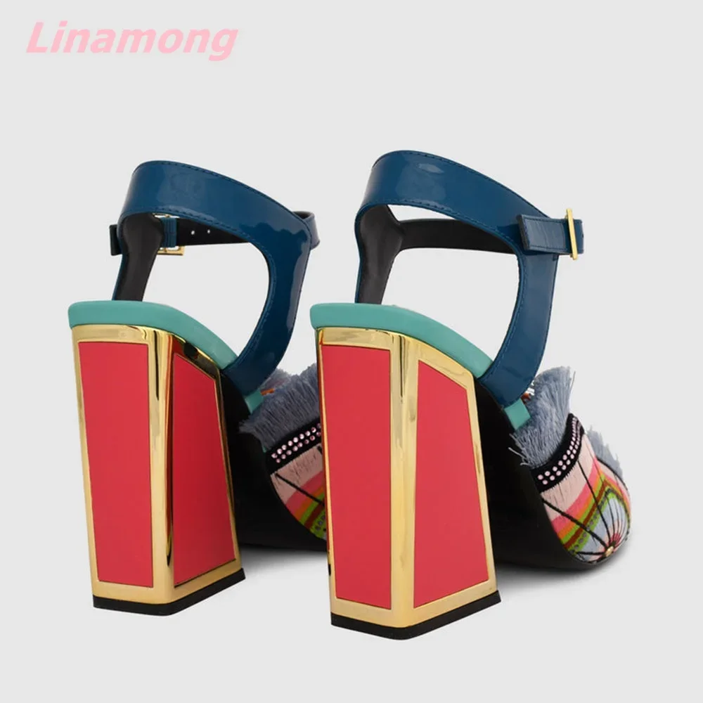 2024 Multi-color Stitching Women Sandals Genuine Leather Novelty Silk Spike Heels Open Toe Buckle Strap Comfortable Hottest