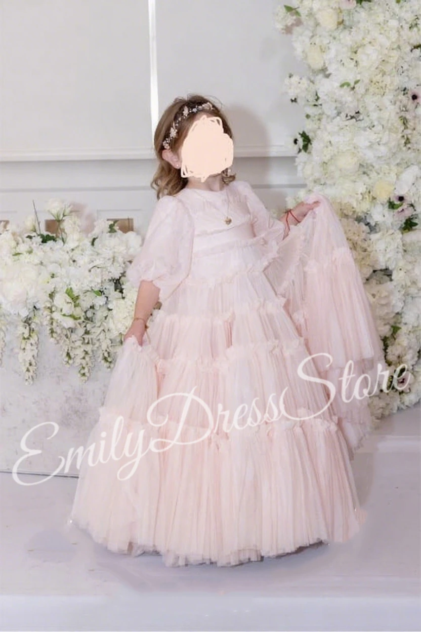 

Customized Pink Flower Girl Dress For Wedding Tulle Pleated Puffy Applique Luxury Baby Kids Birthday First Communion Gown