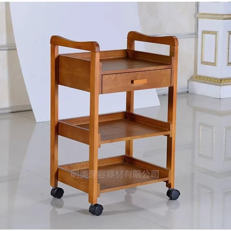 Solid wood beauty cart Multifunctional beauty salon Three-layer shelf Tool cart Hair and nail trolley with drawer