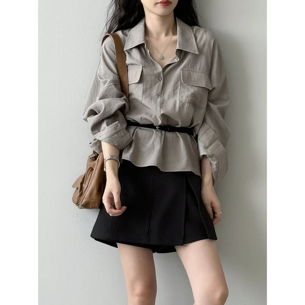

Korean Style Oversized Shirt Women's Fall Casual Cotton Lazy Chic Belted Lapel Blouse with Pockets Casual Elegant Tshirt Tops