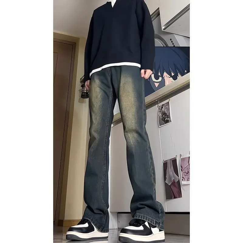 Jeans a gamba larga American High Street Pantaloni lunghi dimagranti retrò da uomo Taglio dritto Miscela di cotone poliestere resistente Abbigliamento primaverile