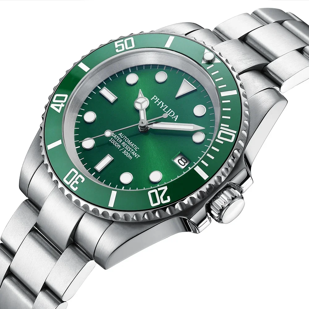 PHYLIDA 300M Resistente à Água 40mm Relógio Mergulhador Verde Masculino Movimento Automático nh35 Cristal de Safira SUB