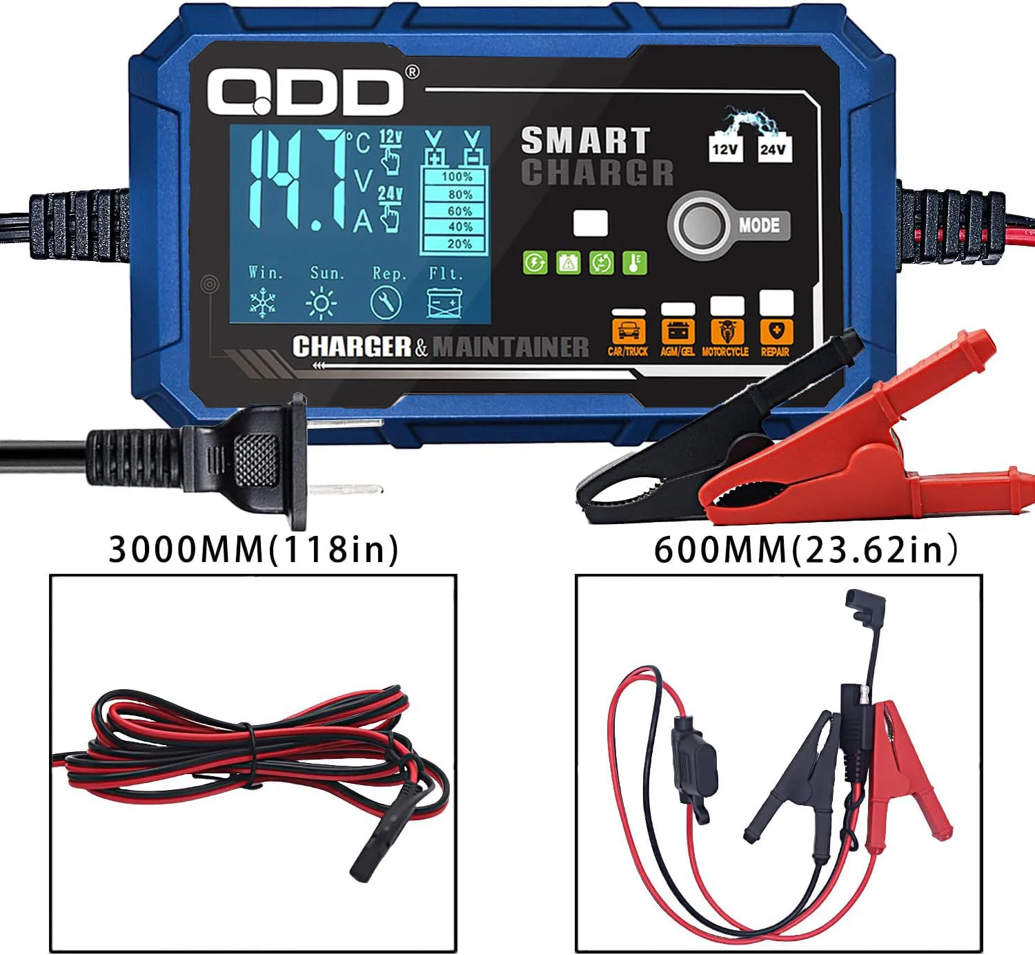 3Amp Car Charger 12V and 24V Smart Battery Charger for Car and Motorcycle Lead-Acid Battery Charger Environmental Protection