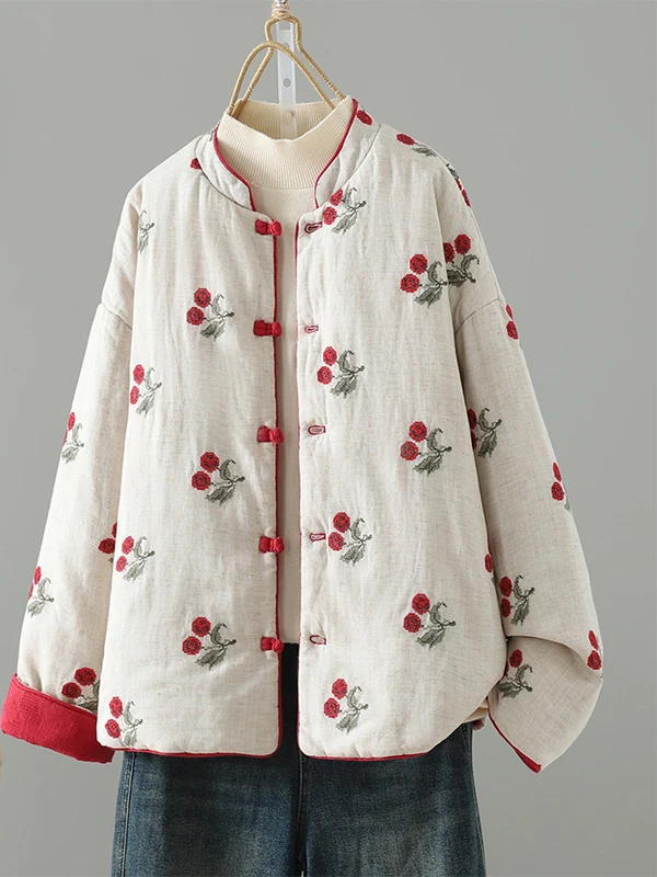 

Double-Sided Wear Embroidered Cotton Jaet Women's Thiened Linen Cotton Coat Chinese Sle Stand Collar Long Sve Coat